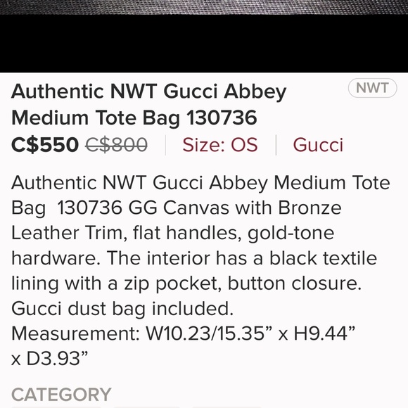 Authentic NWT Gucci Abbey Medium Tote Bag 130736 - Picture 5 of 9